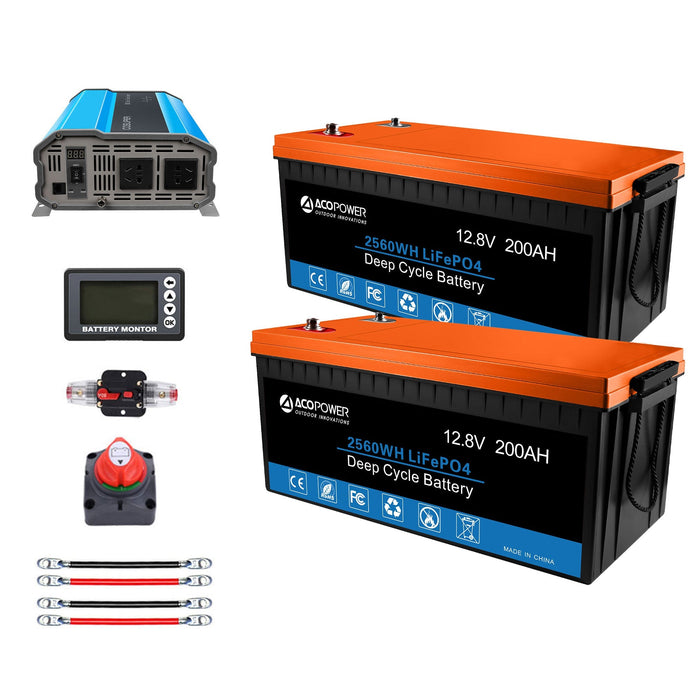 ACOPOWER Lithium Battery Mono Solar Power Complete System with Battery and Inverter for RV Boat 12V Off Grid Kit