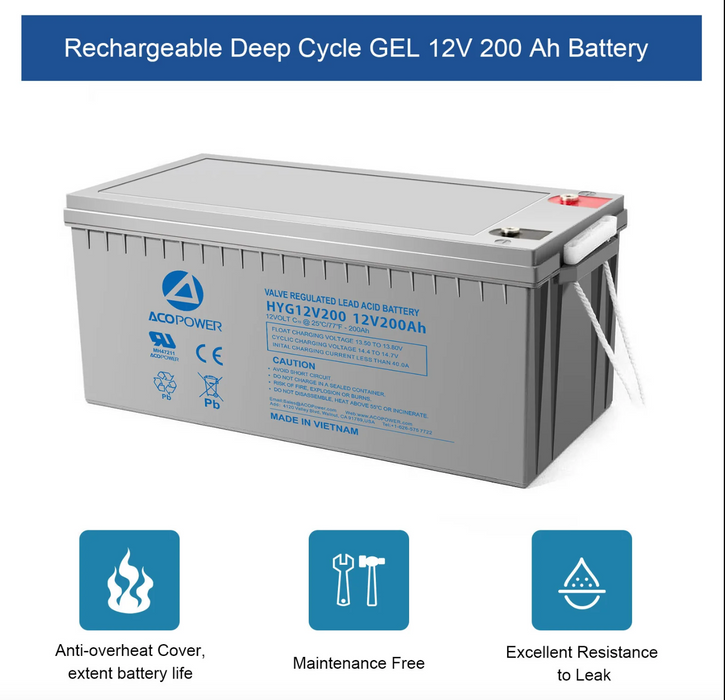 ACOPower Rechargeable Gel Deep Cycle 12V 200Ah Battery