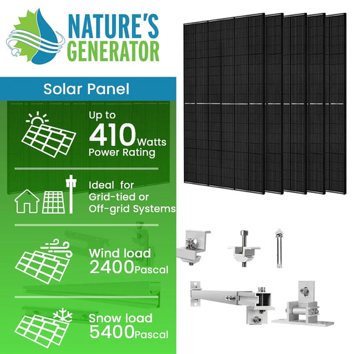 Nature's Generator - 410 Watt Monocrystalline Solar Panel (10 Pack) With Solar Panel Mount Rack - King of Generators