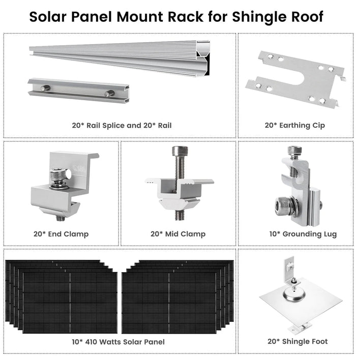 Nature's Generator - 410 Watt Monocrystalline Solar Panel (10 Pack) With Solar Panel Mount Rack - King of Generators