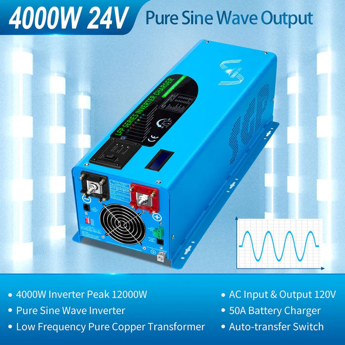 SunGoldPower - 24V Pure Sine Wave Inverter-Charger (3000W or 4000W) (Single Phase)– Optional 10.24kWh LiFePO₄ Battery Bundle - King of Generators
