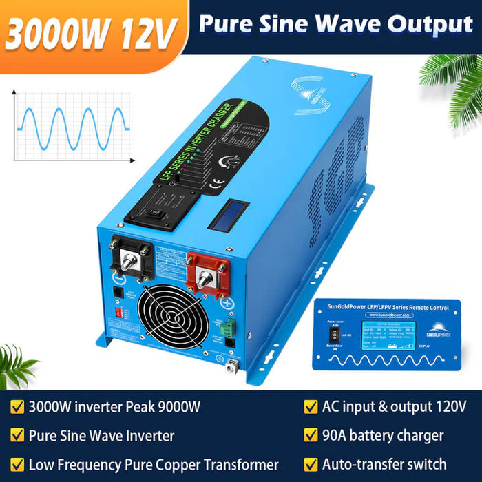 Sungold Power - Off Grid Solar Kit 3000W Inverter 12VDC 120V Output LifePO4 Battery 600 watt Solar Back Up - King of Generators