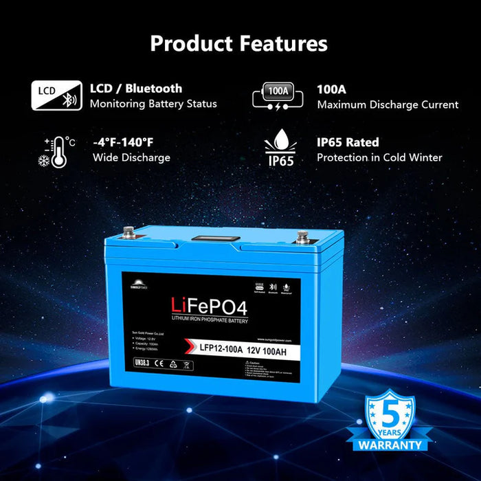 Sungold Power - 12V 100Ah/ 200Ah LiFePo4 Deep Cycle Lithium Battery Bluetooth / Self-Heating / IP65 - King of Generators