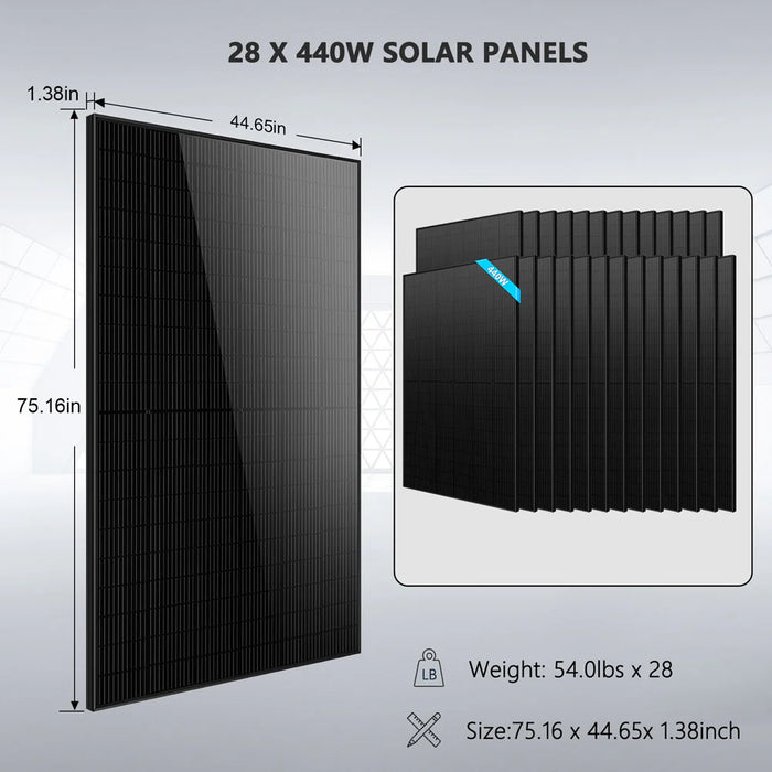 SunGold Power - Hybrid Solar Kit 11.4KW 48V Split Phase 30.72KWH Lithium Battery 28 X 440 Watt Solar Panel - King of Generators